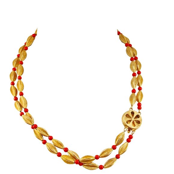 Double Strand Vintage Choker Necklace with Textured Beads 16" - Picture 6 of 6